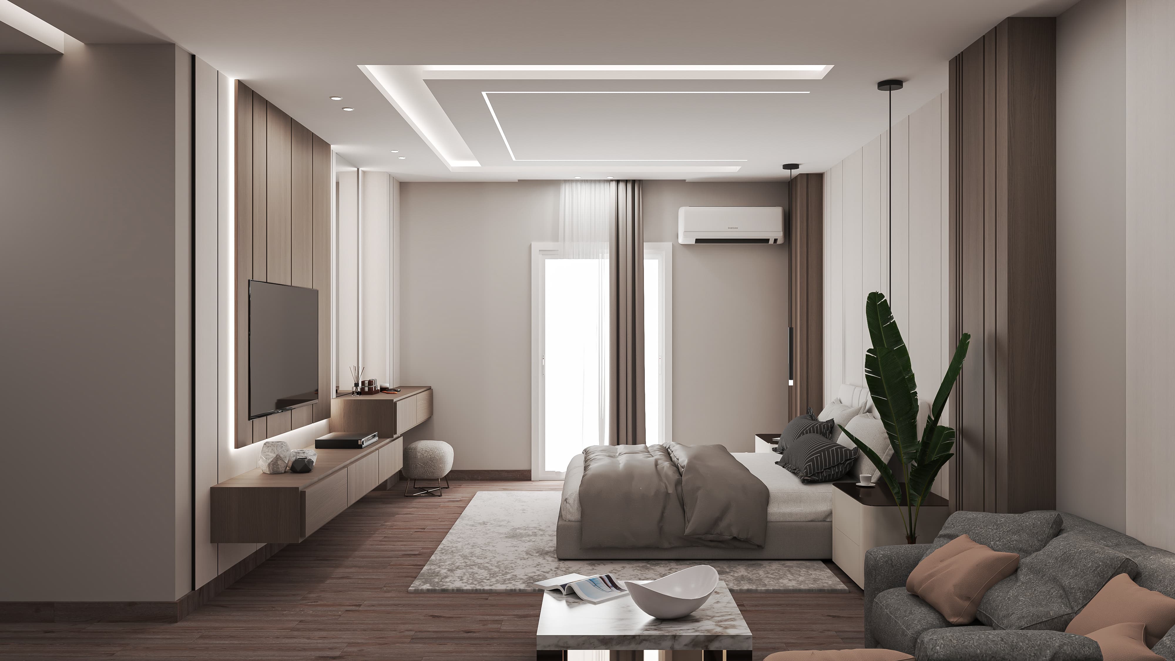 تصميم غرفة معيشة ونوم بألوان محايدة — من أعمال قرطبة للإنشاءات والتشطيبات